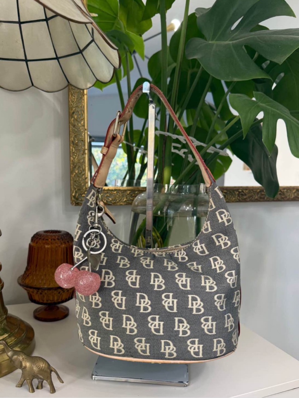 Dooney & Bourke Gray Monogram Shoulder Bag with Pink Charm
